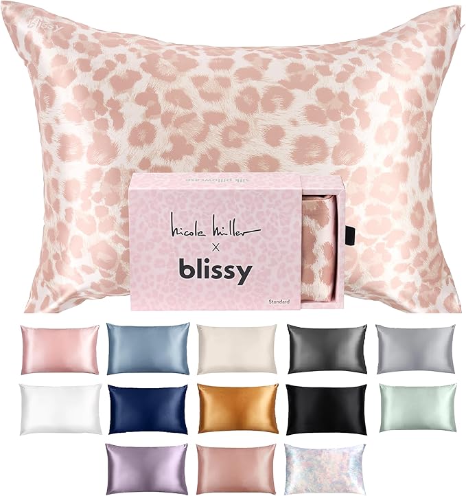 Blissy Silk Pillowcase - 100% Pure Mulberry Silk - 22 Momme 6A High-Grade Fibers - Silk Pillow Cover for Hair & Skin - Regular, Queen & King (Nicole Miller - Mauve Cheetah, Queen)