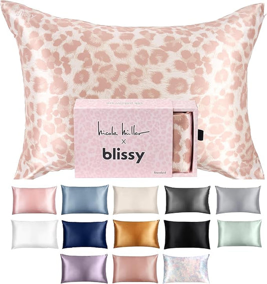 Blissy Silk Pillowcase - 100% Pure Mulberry Silk - 22 Momme 6A High-Grade Fibers - Silk Pillow Cover for Hair & Skin - Regular, Queen & King (Nicole Miller - Mauve Cheetah, Queen)