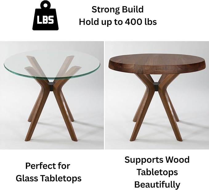 Mid Century Solid Beech Wood Modern Dining Table Base Only, Pedestal Table Bases, Wooden Legs for Kitchen Tables, Glass Top Wood Top Assembly Tools (Glass Tabletop Anti-Slip Pads, Walnut)