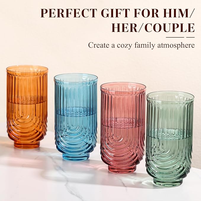 Colored Vintage Drinking Glasses Set of 6-17oz Hand-Blown Highball Ribbed Glassware, Arch Design Cocktail Glasses for Whiskey Water Beverages Ice Coffee Juice Milk