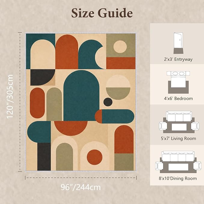 Teal Rust Area Rug 8x10, Mid Century Modern Mosaic Geometric Rug, Retro Abstract Color Block Washable Low Pile Non Slip Rug for Living Room Bedroom