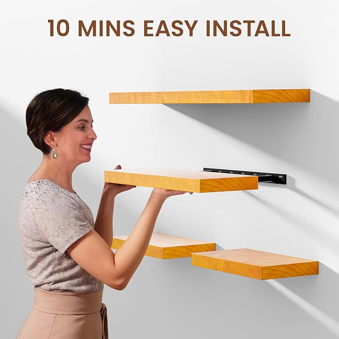Heimlove Pine Wood Floating Shelves, 8 Inch Deep Real Wood Shelves Set of 2, Wall Mounted Rustic Wood 36x8 Floating Shelf with Invisible Brackets for Bedroom Kitchen Living Room - Honey Oak