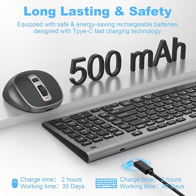 FENIFOX Wireless Keyboard and Mouse, Rechargeable USB C Combo Silent Quiet Compact Full Size Flat with Number Pad Soft Cover for Mac MacBook iMac Windows PC Laptop Computer Office - Black & Grey