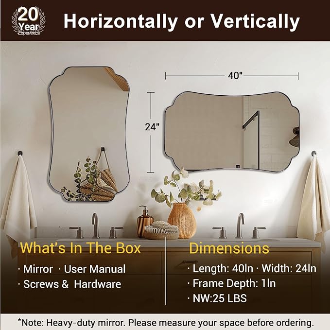 ANDY STAR 24"x40" Chrome Mirror, Scalloped Bathroom Wall Mirror in Anti-Rust Stainless Steel Metal Frame 1’’ Deep, Hangs Vertically/Horizontally