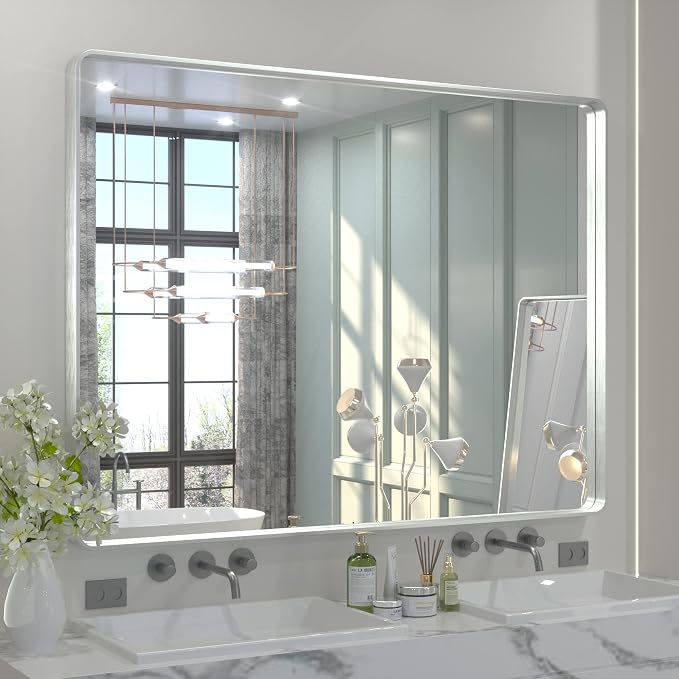 TETOTE 48 x 36 Inch Silver Mirrors for Bathroom, Brushed Silver Framed Rectangular Modern Farmhouse Large Vanity Mirror for Wall Decor (Horizontal/Vertical)