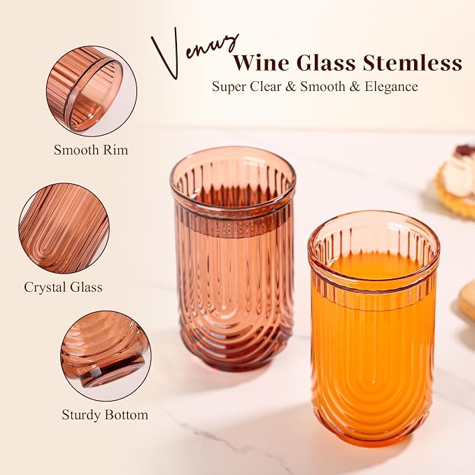 Venus Vintage Drinking Glasses Set of 6-17oz Hand-Blown Highball Ribbed Glassware, Arch Design Cocktail Glasses for Whiskey Water Beverages Ice Coffee Juice Milk