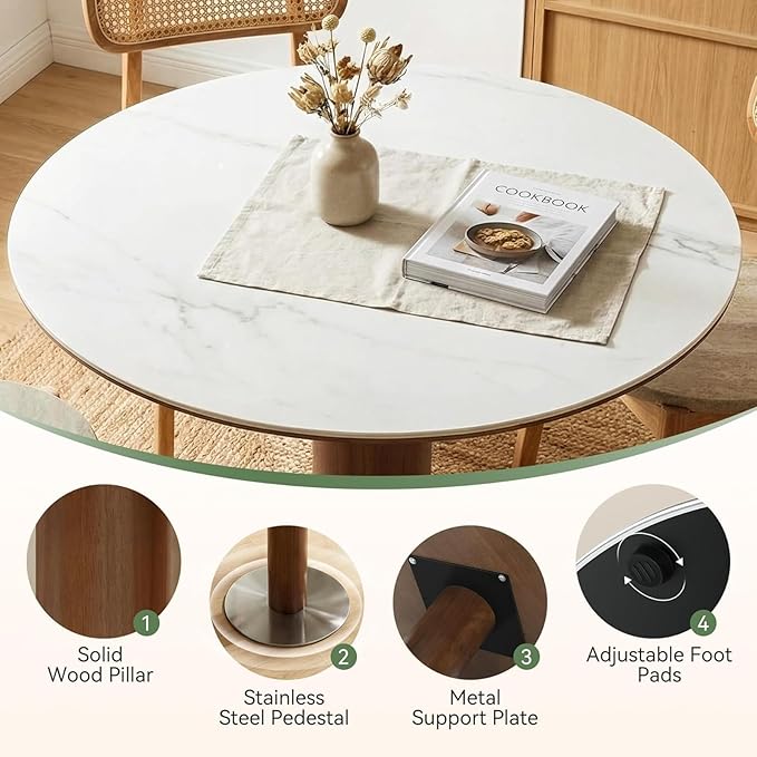 Round Dining Table, 31.5" Solid Wood Dinner Table with Thickened Top & Steel Pedestal, Mid Century Modern Bistro Table for Kitchen, Small Space, Living Room, Cafe, White & Walnut -Style A
