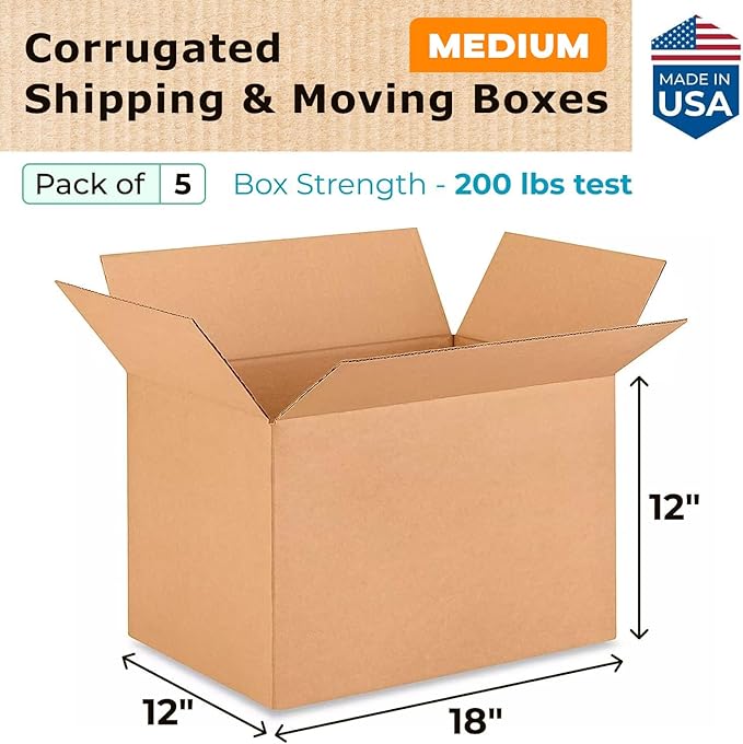 Medium Shipping & Moving Boxes 18 x 12 x 12 inches (5-Pack) - Extra Strength 200 lb vs Regular - Corrugated Moving Boxes for USPS/FEDEX - Medium Size Moving Box - Corrugated Box by IDL Packaging