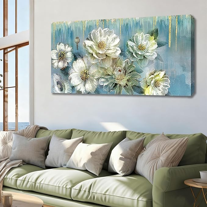 Ardemy Floral Canvas Wall Art for Living Room Large Magnolia White Flowers Teal Picture Bedroom Wall Decor Textured Painting Modern Turquoise Artwork Dining Room Home Office, Large 48"x24"