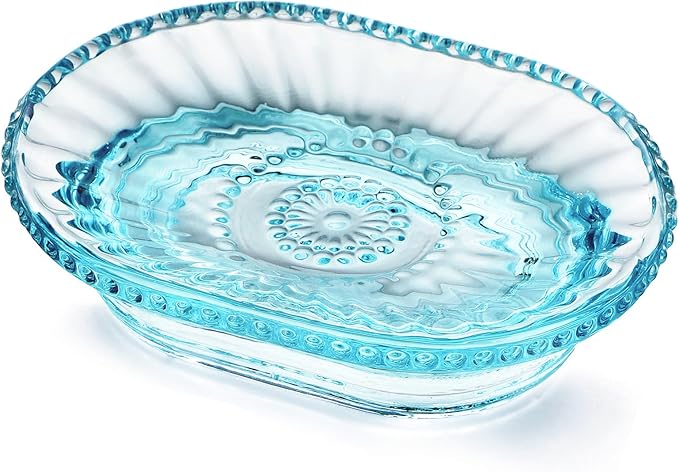 Glass Soap Dish, Vintage Embossed Bar Soap Holder, Decorative Soap Saver Tray for Shower, Bathtub, Bathroom and Kitchen Sink