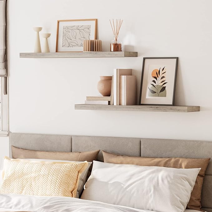 HOOBRO Floating Shelves for Wall, Wall Mounted Shelf Set of 2, 39.4" Hanging Shelf with Invisible Brackets, for Wall Decor Storage in Bathroom Bedroom Kitchen Living Room Office, Greige BG100BJP201