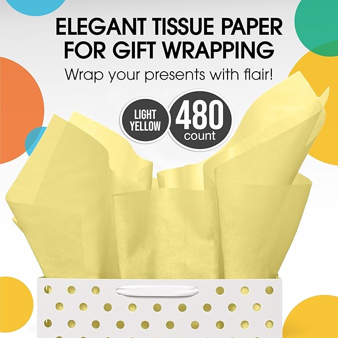 Party Solids Ivory Tissue Paper for Gift Bags - 15" X 20" Bulk Tissue Paper Ivory 480 Sheets - 10lb Newsprint for Packing, Birthday Gift Box Filler, Packing Supplies for Moving Supplies