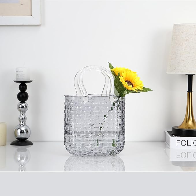 Glass Purse Vase, Purse Vase for Flowers, Black Purse Flower Vase, Wide Mouth Glass Bag Vases, 10 Inch Large Glass Vases, Handbag Shaped Vases for Home, Office Decor