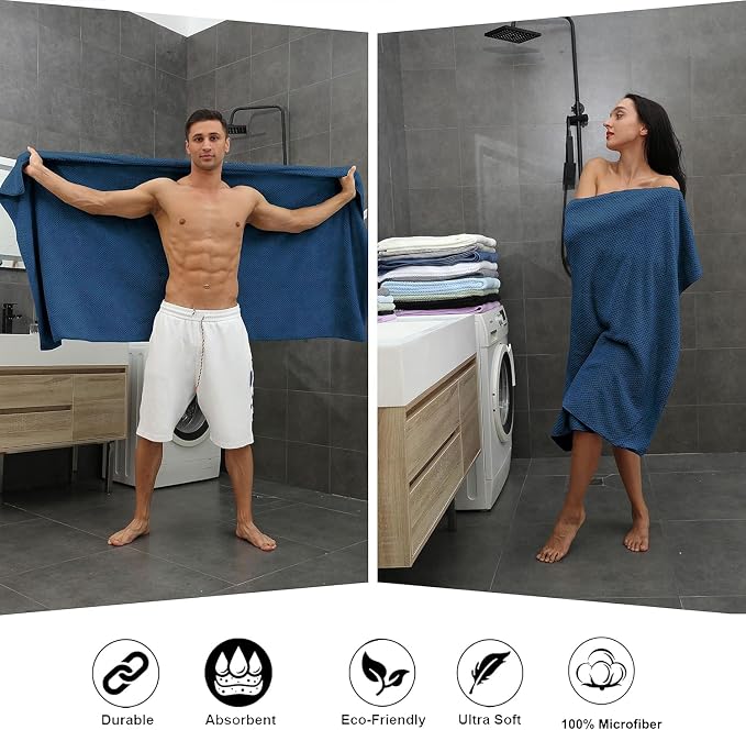 8-Piece Navy Bath Towel Set, 2 Extra Large Bath Towel Sheets, 2 Hand Towels and 4 Washcloths - Highly Absorbent Quick Dry Microfiber,Ultra Soft Towel Set for Bathroom, Waffle Weave Design, Pack of 8