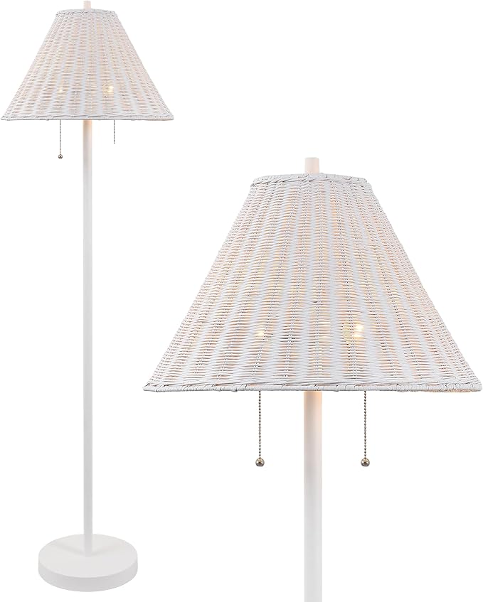 JONATHAN Y 61" White 2-Light Coastal Bohemian LED Floor Lamp for Living Room, Brown Rattan Shade, Mid-Century Modern Tall Standing Lamp, Pull-Chain, LED Bulbs Included (JYL3092B)
