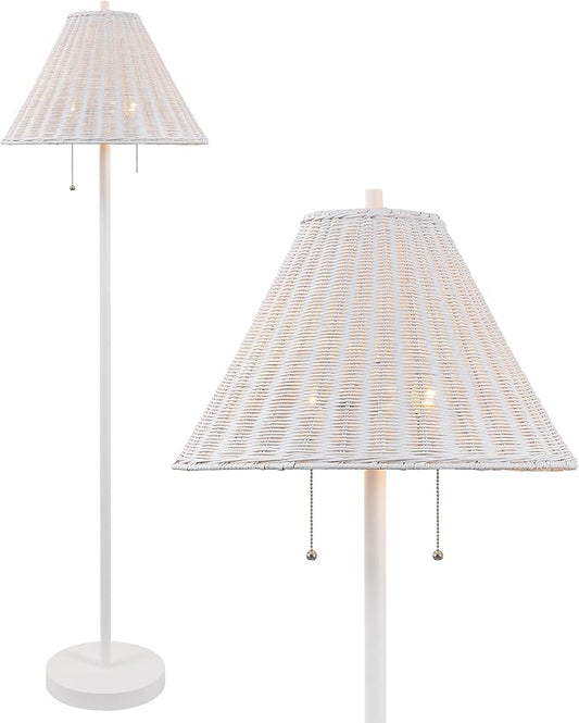 JONATHAN Y 61" White 2-Light Coastal Bohemian LED Floor Lamp for Living Room, Brown Rattan Shade, Mid-Century Modern Tall Standing Lamp, Pull-Chain, LED Bulbs Included (JYL3092B)