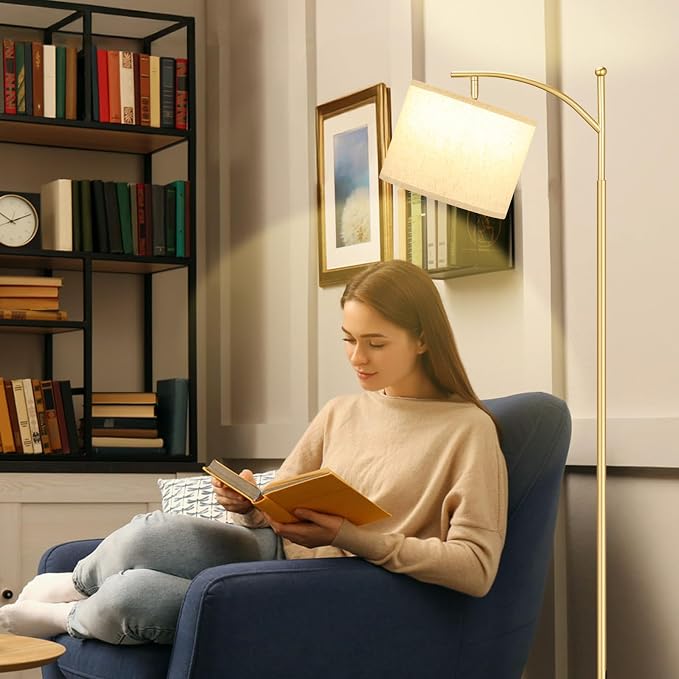 Ambimall 60" Floor Lamp with 3 Color Temperatures, Adjustable Beige Shade, Gold Pole - Tall Lamp for Living Room, Bedroom, Office, Classroom, Dorm - 9W Bulb Included