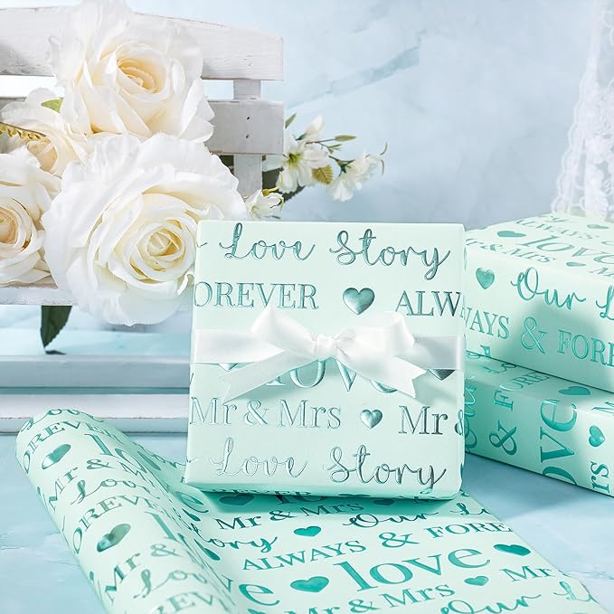 RUSPEPA Wedding Wrapping Paper, Mini Roll, Bridal Shower Gift Wrap, Mint Green Gold Foil LOVE Design, Perfect for Engagement, Anniversary, 17 Inches x 16.5 Feet