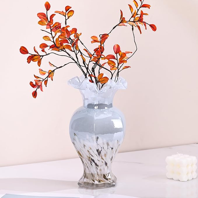 9.5" Tall Blue Glass Vase Beautiful Hand Blown Glass Decor Flowers Vases for Centerpieces, Modern Murano Glass Art Colorful Blue and White Vase, for Home Decor Table Entryway Wedding Decoration