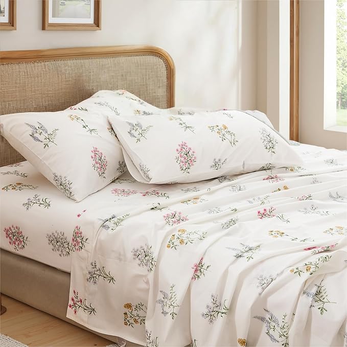 100% Cotton Sheet Set Queen Size – 4-Piece Chic Garden Floral White Bedding Set, Soft Breathable Percale Weave, Deep Pocket Fitted Sheet 17.5", Crisp Cool Feel, Refined Botanical Elegance