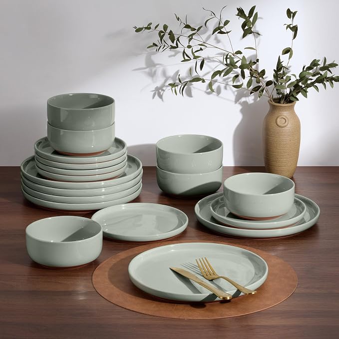 E-far 18-Piece Stoneware Dinnerware Sets, Plates and Bowls Sets for 6, Ceramic Dishware Dishes Set with Terracotta Base, Chip & Scratch Resistant, Microwave & Dishwasher Safe, Speckled Green