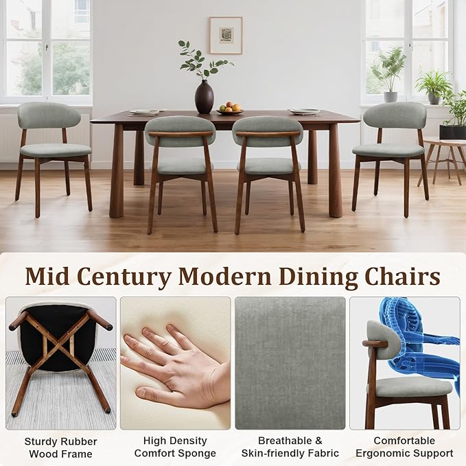 Farmhouse Dining Chairs Set of 2, Mid Century Modern Fabric Upholstered Kitchen Chairs, Wooden Dining Room Chair with Curved Back for Kitchen Dining Room Restaurant Cafe, Light Green (Only Chairs)