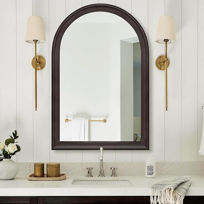 Tanmicoshomy Arched Bathroom Mirrors for Wall 24x36 Inch, Dark Brown Framed Arch Mirror with Tempered Glass for Living Room, Bedroom or Entryway