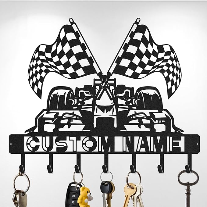 Personalized Racing Car Key Holder, Custom Metal Racing Car Key Hooks with Name, Large Black Metal Wall Hooks Rack, Custom Jacket Organizer for Garage, Living Room, Entryway, Gifts for Men(8in)