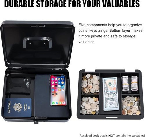 KYODOLED Metal Cash Box - Secure Combination Lock Money Box with Tray | 11.81" x 9.45" x 3.54" - Black