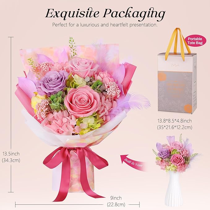 Preserved Flowers Bouquet 3 Roses - Pink Real Rose & Flowers for Delivery, Long-Lasting Flower with Gift Box, Eternal Roses Bouquet for Mothers, Mom, Wife Anniversary Birthday Gifts for Women and Her