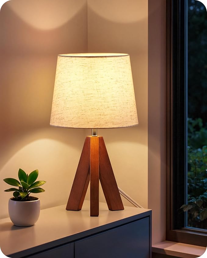 Tripod Table Lamp, 14.6 Inch Small Bedside Lamp with Beige Linen Shade, Modern Nightstand Lamp for Bedroom, Kids Room, Living Room, Nursery, Office, E26 Socket, Dark Wood Base, LE51TL05