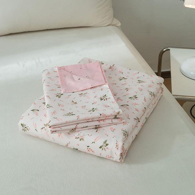 EAVD Girls Floral Duvet Cover Twin Pink White Soft Cotton Garden Aesthetic Floral Bedding Set with 2 Pillowcases Chic Shabby Vintage Botanical Comforter Cover with Zipper Closure