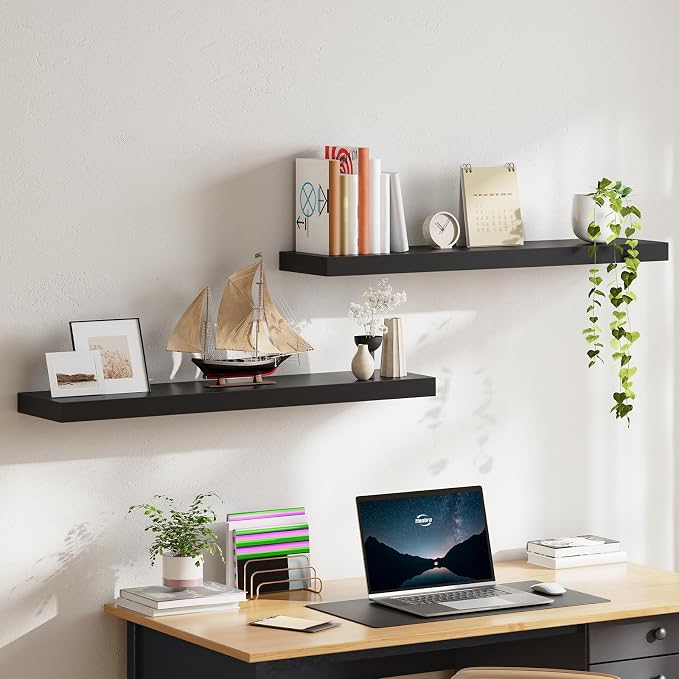 HOOBRO Floating Shelves for Wall, Wall Mounted Shelf Set of 2, 39.4" Hanging Shelf with Invisible Brackets, for Wall Decor Storage in Bathroom Bedroom Kitchen Living Room Office, Black BK100BJP201