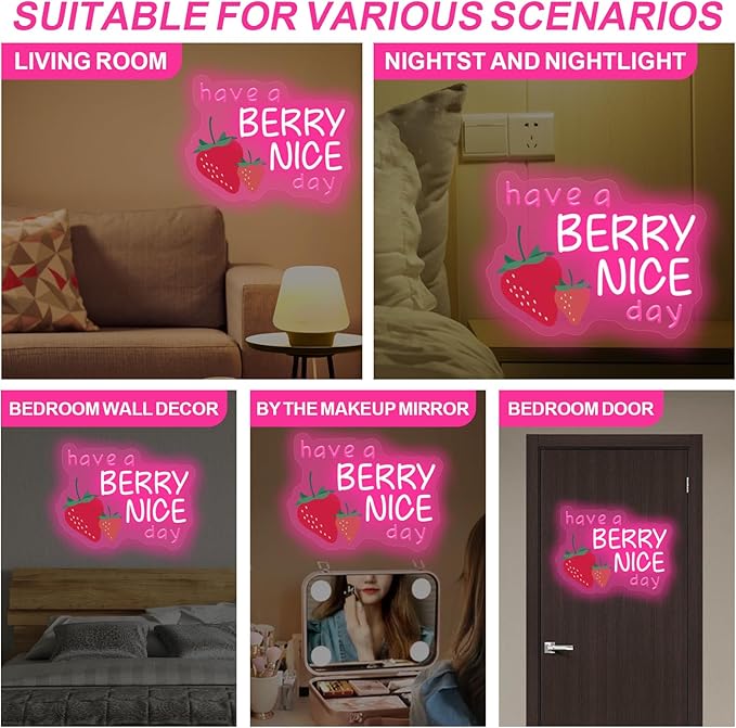 Have A Berry Nice Day Neon Sign, Aesthetic Wall Art, Light up My Happy Place Sign for Encouraging Light, Vintage Strawberry Decor, Pink Led Light for Bedroom, Club, Gifts For Birthday, Christmas Party