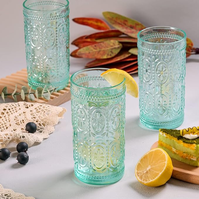 Darlion 6 Pack Highball Embossed Beverage Glass Cup, 12oz Green Glassware Drinking, Vintage Drinking Glasses, Colored Water Glasses for Party Wedding Home Office and Gift