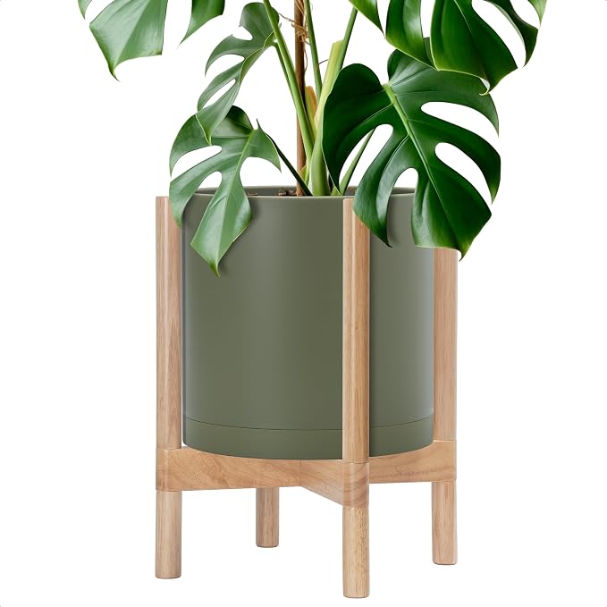 D'vine Dev Planter Pot with Stand - 12 Inch Plastic Cylinder Flower Pot with Wood Planter Holder for Indoor, Olive Pot + Natural Stand, 55-C-P-3