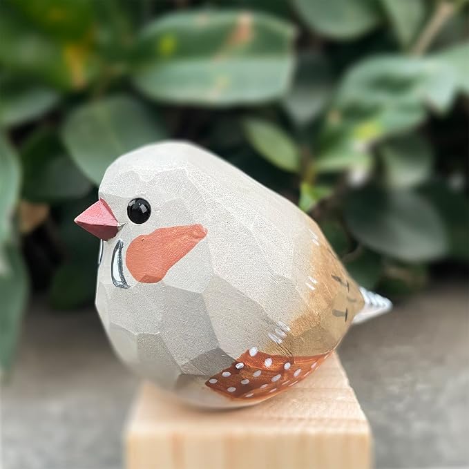 Bird Figurines Hand Carved Painted Wooden Statues for Home Decor, Gift for Bird Lovers,Housewarming, Birthday, Christmas, Anniversaries (NO.07-Grey Zebra Finch)