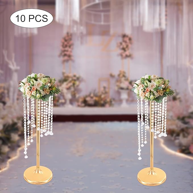10 Pcs 27.5In Tall Crystal Flower Vase, Acrylic Crystal Flower Vases Metal Flower Stand for Wedding Reception and Event Centerpieces 9.4 x 9.4 x 27.5 Inch Gold