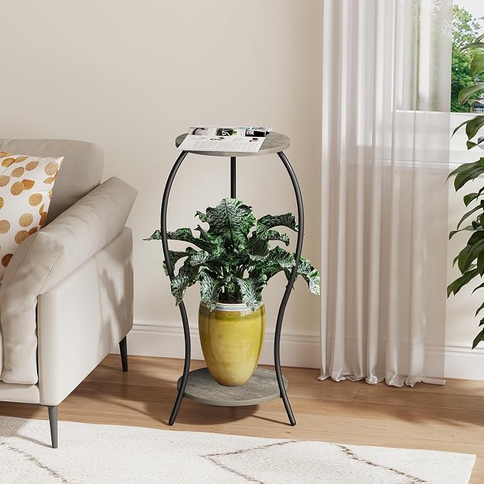 Plant Stand Indoor, 2 Tier Round Tall Plant Stand, Flower Pot Stand, Plant Shelf Rack, Corner Plant Stand for Planter Garden Balcony Patio Living Room, Grey