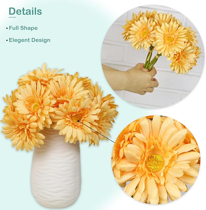 TOPIA Artificial African Daisies Flowers African Daisy Silk Flowers Artificial Gerbera Daisies Pack of 10 (Champagne)