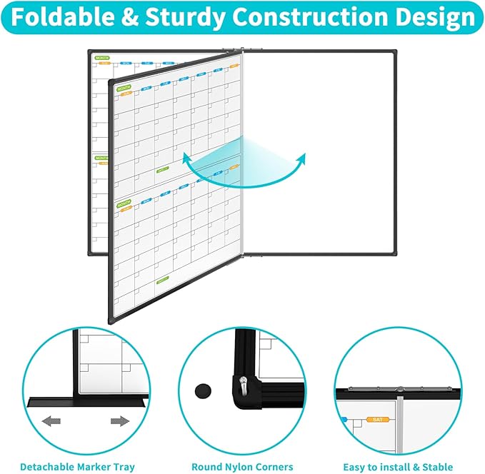 JILoffice Magnetic Foldable Dry Erase Calendar Whiteboard Combo, 2 Month Calendar Board & White Board 72 X 40 Inch, Black Aluminum Frame Wall Mounted Board for Office Home and School