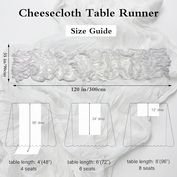Booque Valley White Table Runner 3 Pack Cheesecloth 10ft Super Soft Boho Wrinkled Gauze Sheer Cloth for Baby Shower Baptism Birthday Party Wedding Christmas Centerpiece Table Decoration, 35x120 Inch