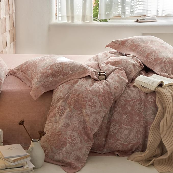 Blush Pink Floral Duvet Cover Queen Vintage Pink Flower Jacquard Comforter Cover with Edge Design Linen Cotton Yarn-Dyed Textured Flower Duvet Cover Breathable Comfy Cottagecore Bedding Set Queen