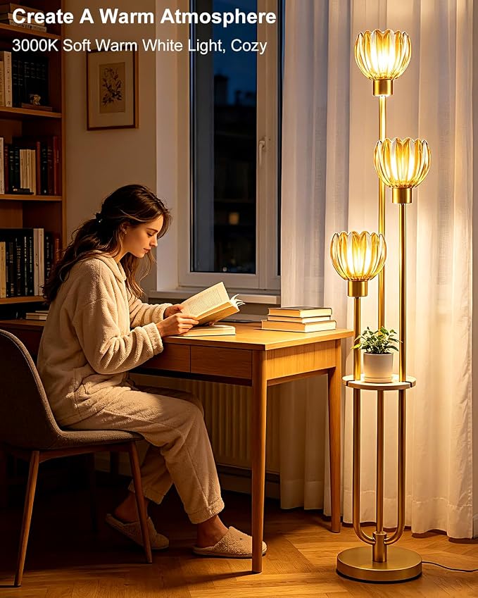 Lightdot 3-Lights Glass Floor Lamp for Living Room Modern Gold Floor Lamps with Lotus Amber Glass Shade& Bulbs Included for Wedding/Party Tall Standing Lamp for Bedroom/Sofa Beside/Corner Decor