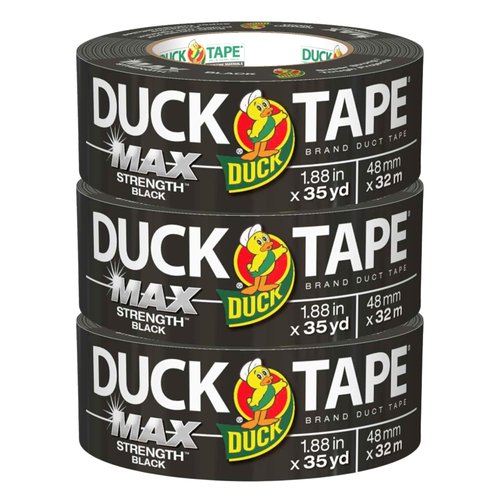Duck Brand Max Strength Duct Tape - Heavy-Duty Black Adhesive | 3 Rolls, 1.88 Inch x 35 Yards Each