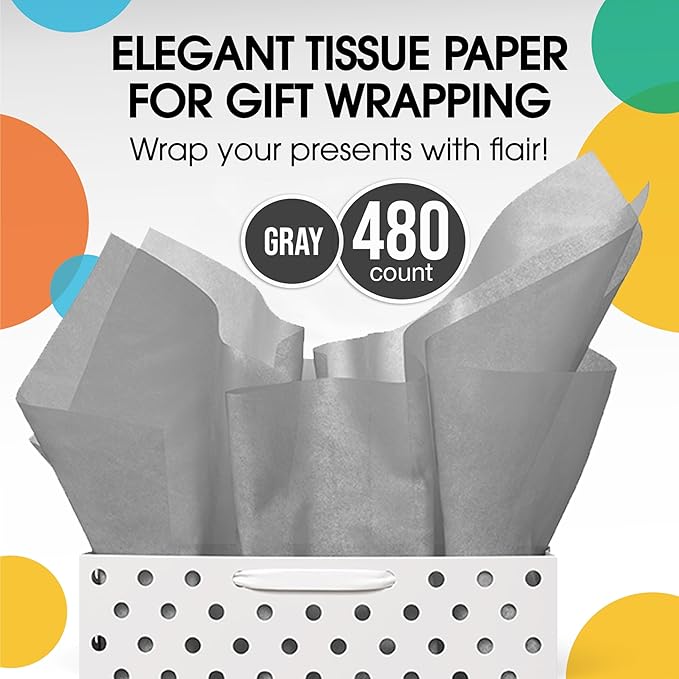 Party Solids Gray Tissue Paper for Gift Bags - 15" X 20" Bulk Tissue Paper Gray 480 Sheets - 10lb Newsprint for Packing, Birthday Gift Box Filler, Packing Supplies for Moving Supplies