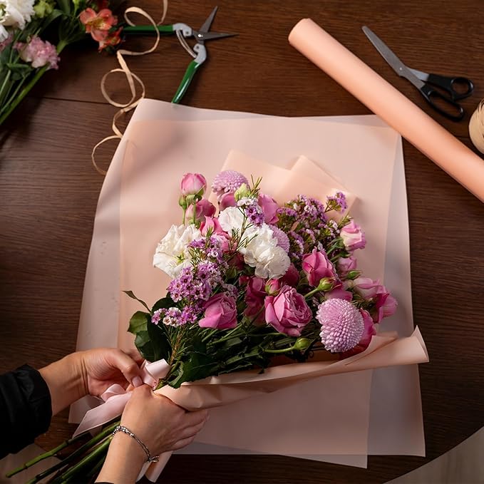 uxcell 60 Sheets Flower Wrapping Paper, 21.5" x 21.5" Waterproof Floral Bouquet Wrapping Papers Florist Supplies for Wedding Party Gift Packaging DIY Crafts, Pink