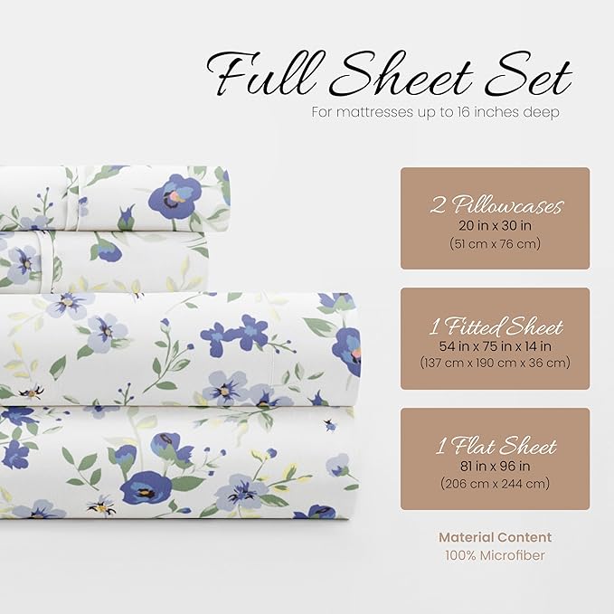 Linen Market Patterned Microfiber Full Sheet Set 4 Piece – Oeko-TEX Certified Ultra Soft & Wrinkle-Free - 16" Deep Pocket Sheets - Easy Care Full Size - Blossoms Light Blue