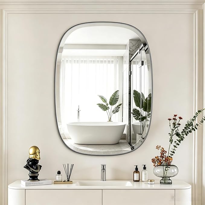 POZINO Beveled Bathroom Mirror, 24"x32" Matte Black Vanity Mirror for Over Sink, Modern Rectangle Wall Mirrors for Entryway Hallway Bedroom Living Room, Hangs Vertically or Horizontally