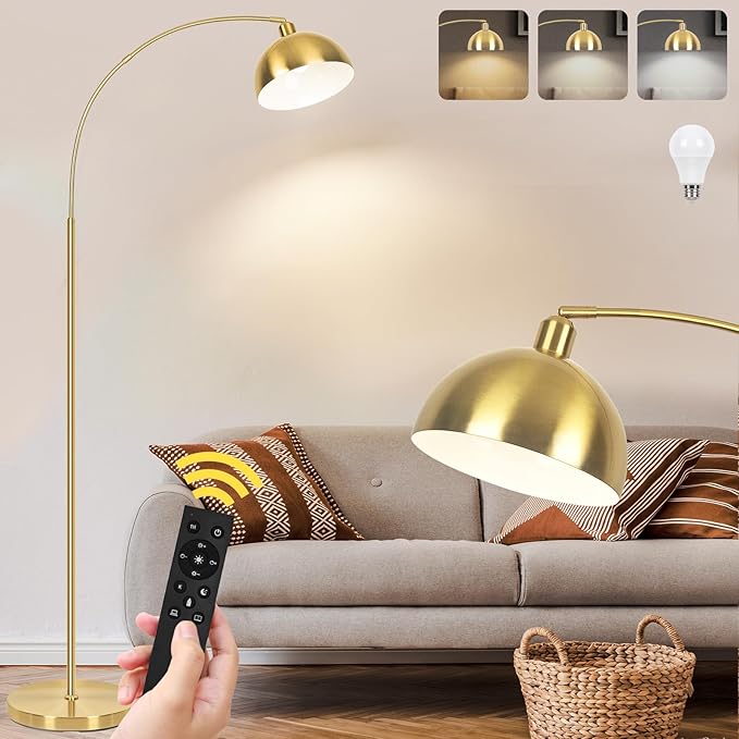 VenzBlomia 【Upgraded】 Arc Floor Lamps for Living Room - Stepless Dimmable Gold Tall Lamp with Remote Control & Color Temperature 9W LED Bulb, Over Couch Arched Reading Standing Lamp for Bedroom Brass